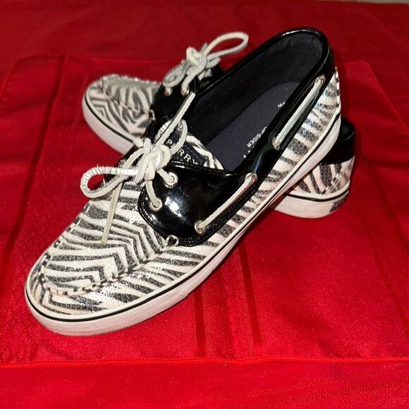 Sperry Black and White Sequin Sneakers with Eye-Catching Zebra Design Size 8.5 - Picture 1 of 12
